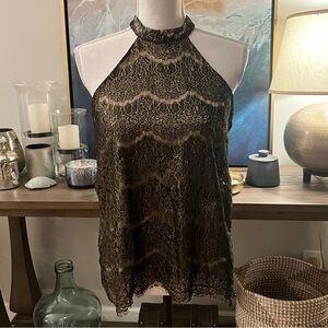 Love Fire Metallic Sexy Lace Halter Top – Gold & Black Party Top Medium M